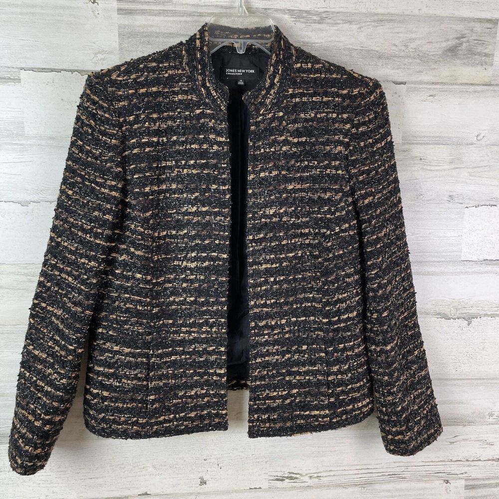 Jones New York Blazer Jacket Black Bronze Striped Inlays Mandarin Collar Sz 16